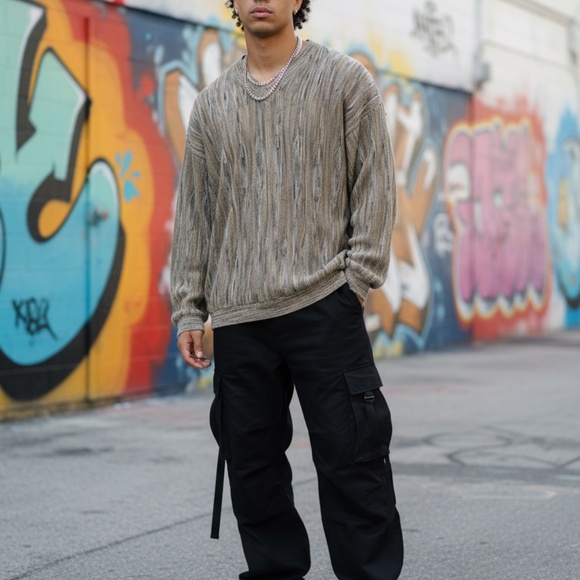 J.W.E. Designs V-Neck Textured Sweater Taupe XL - Picture 3 of 10